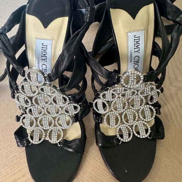 Jimmy Choo Stiletto Sandals with Ankle Strap, Black Leather and Crystals - Picture 11 of 13